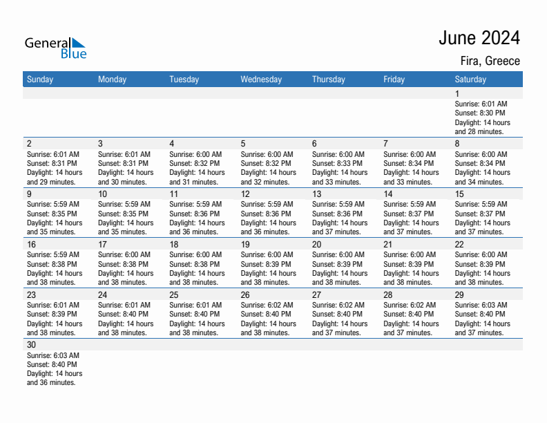 Fira June 2024 sunrise and sunset calendar in PDF, Excel, and Word