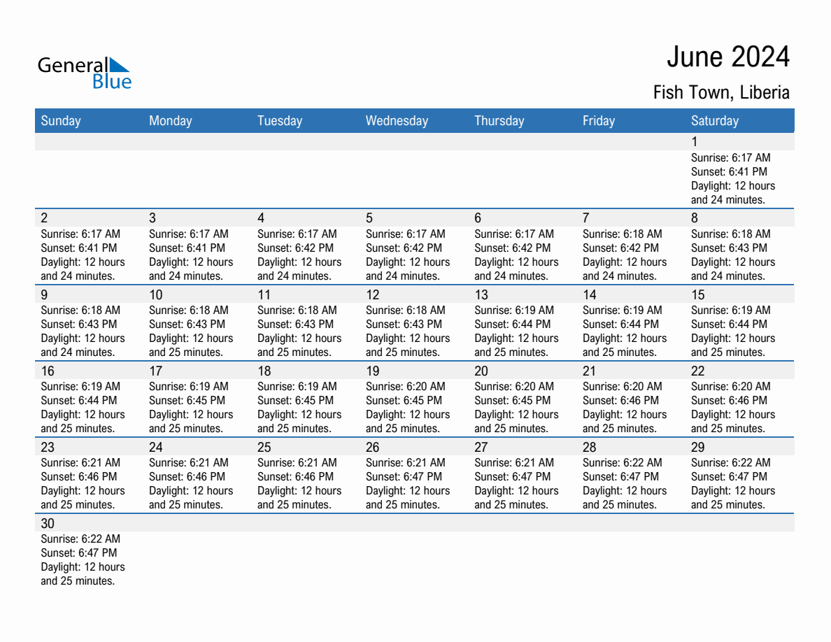 June 2024 sunrise and sunset calendar for Fish Town