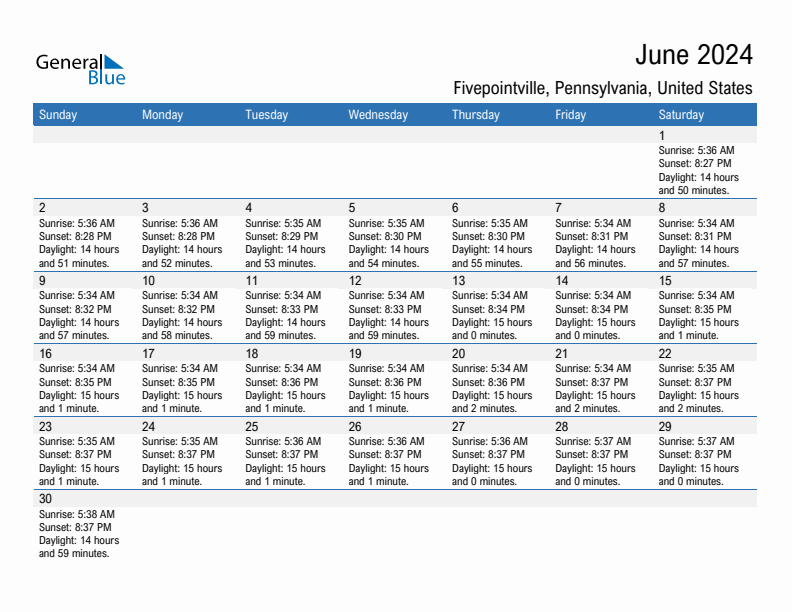 Fivepointville June 2024 sunrise and sunset calendar in PDF, Excel, and Word