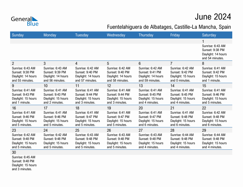 Fuentelahiguera de Albatages June 2024 sunrise and sunset calendar in PDF, Excel, and Word