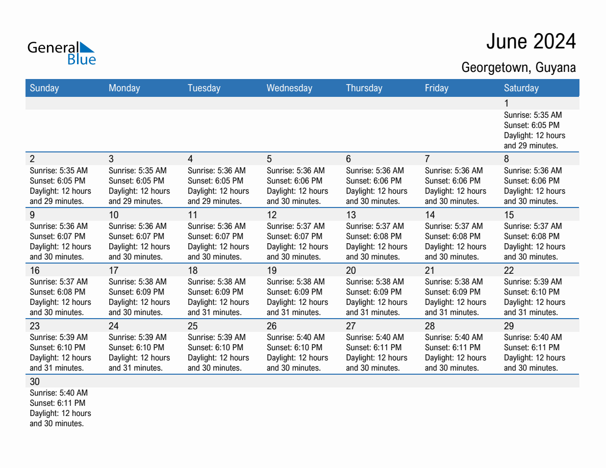 June 2024 sunrise and sunset calendar for Georgetown