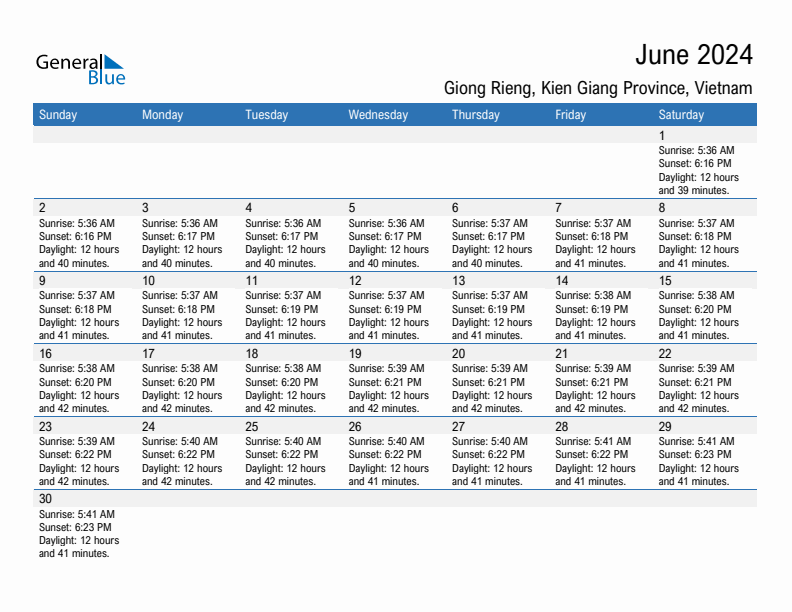 Giong Rieng June 2024 sunrise and sunset calendar in PDF, Excel, and Word