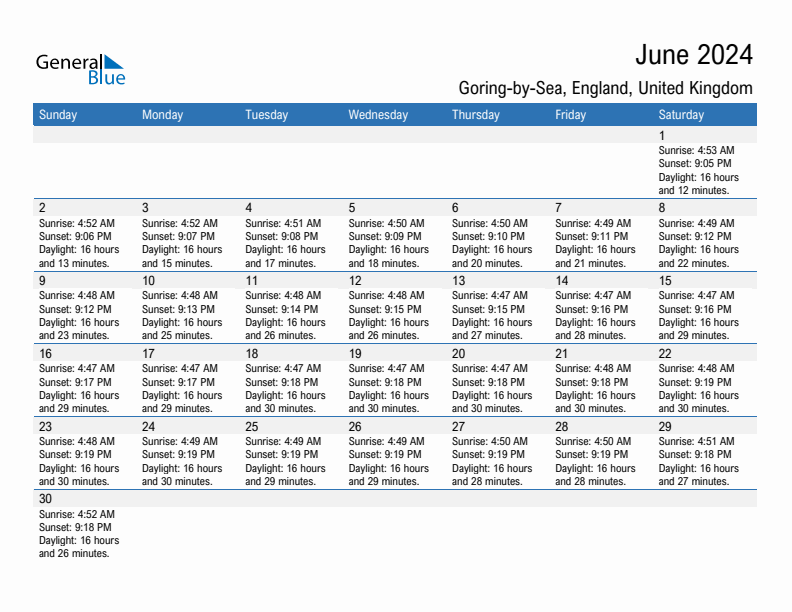 Goring-by-Sea June 2024 sunrise and sunset calendar in PDF, Excel, and Word