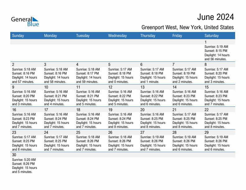 Greenport West June 2024 sunrise and sunset calendar in PDF, Excel, and Word