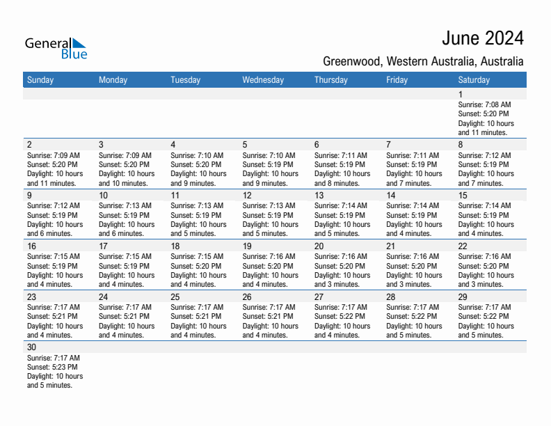 Greenwood June 2024 sunrise and sunset calendar in PDF, Excel, and Word