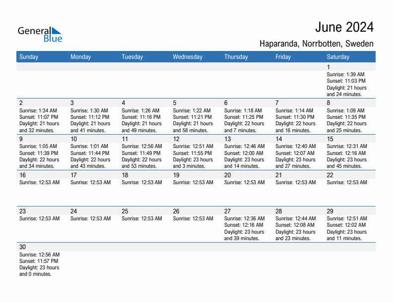 Haparanda June 2024 sunrise and sunset calendar in PDF, Excel, and Word