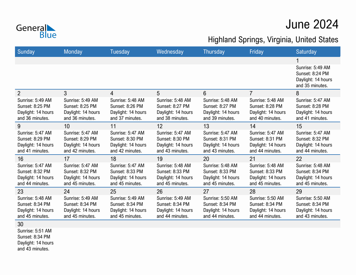 June 2024 sunrise and sunset calendar for Highland Springs