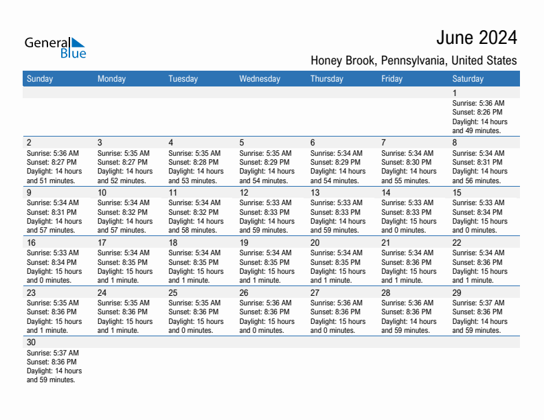 Honey Brook June 2024 sunrise and sunset calendar in PDF, Excel, and Word