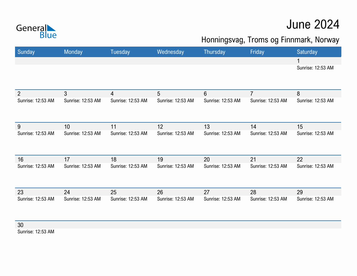 June 2024 sunrise and sunset calendar for Honningsvag