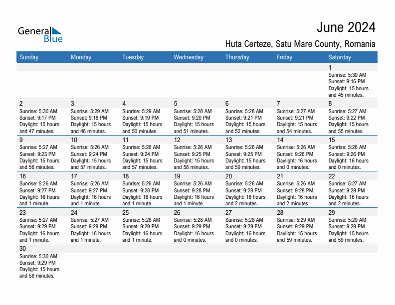 Huta Certeze June 2024 sunrise and sunset calendar in PDF, Excel, and Word