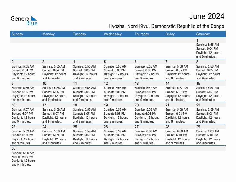 Hyosha June 2024 sunrise and sunset calendar in PDF, Excel, and Word