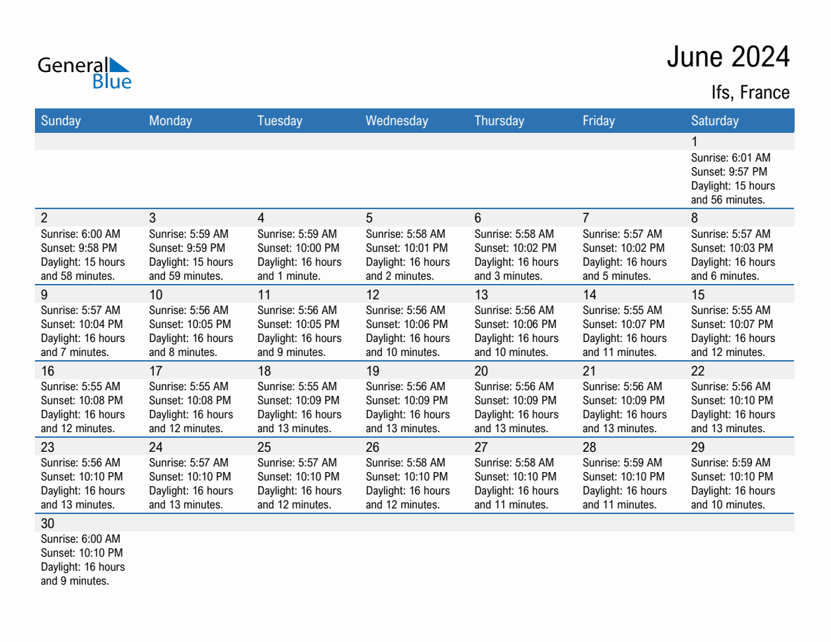 June 2024 Sunrise and Sunset Calendar for Ifs (PDF, Excel, Word)