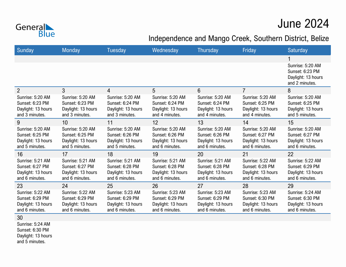June 2024 sunrise and sunset calendar for Independence and Mango Creek