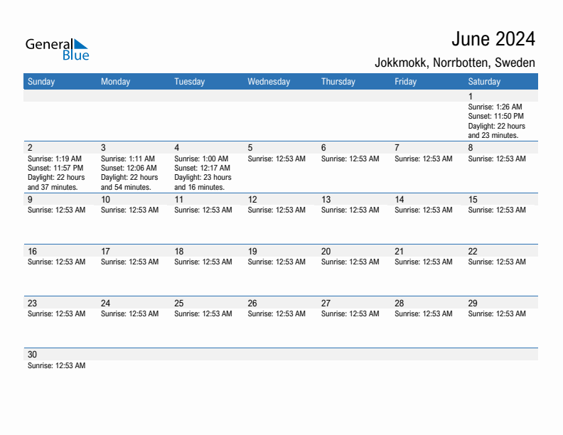 Jokkmokk June 2024 sunrise and sunset calendar in PDF, Excel, and Word