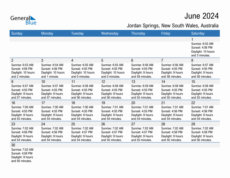 Jordan Springs June 2024 sunrise and sunset calendar in PDF, Excel, and Word