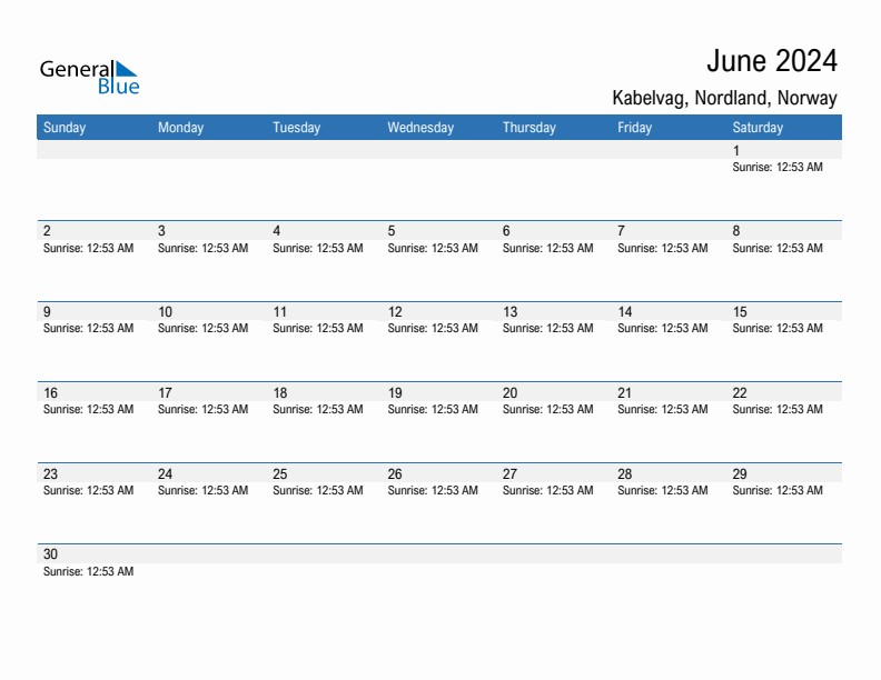 Kabelvag June 2024 sunrise and sunset calendar in PDF, Excel, and Word