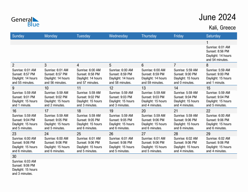 Kali June 2024 sunrise and sunset calendar in PDF, Excel, and Word