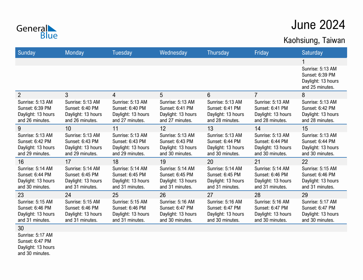 June 2024 sunrise and sunset calendar for Kaohsiung