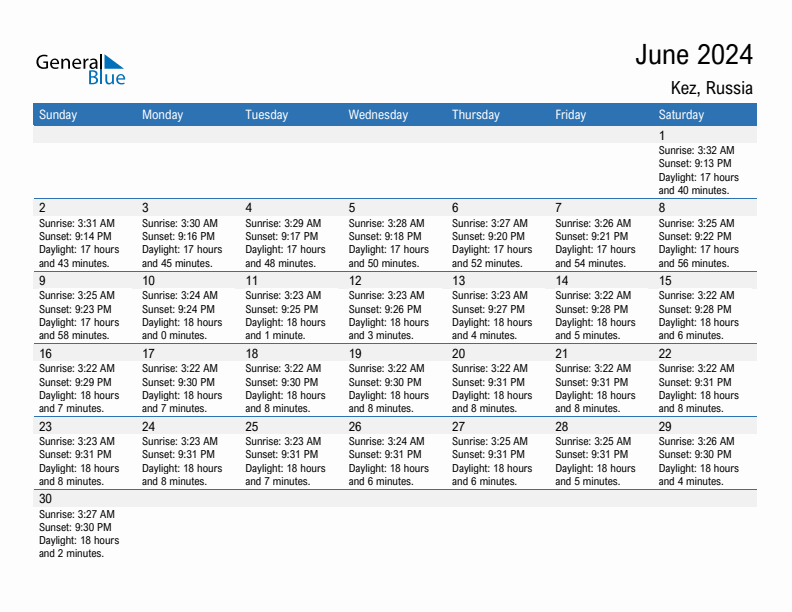 Kez June 2024 sunrise and sunset calendar in PDF, Excel, and Word