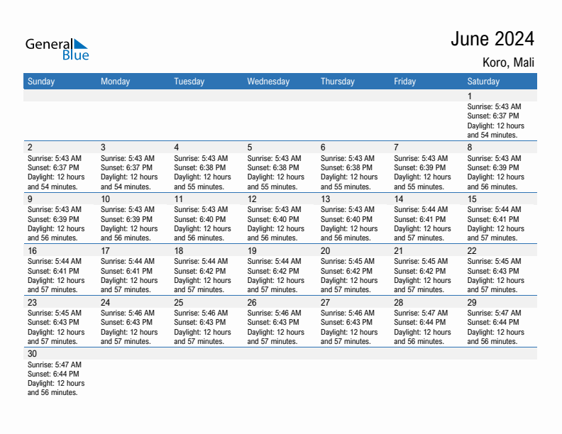 Koro June 2024 sunrise and sunset calendar in PDF, Excel, and Word