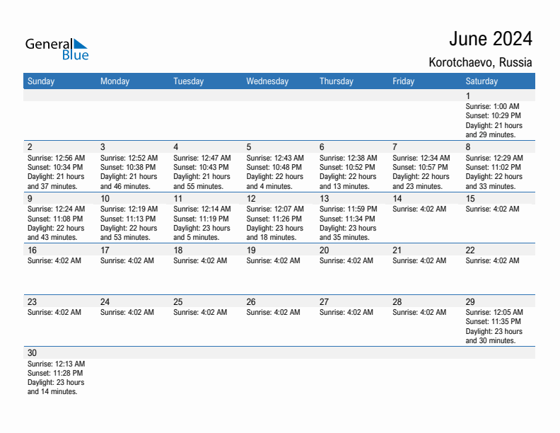 Korotchaevo June 2024 sunrise and sunset calendar in PDF, Excel, and Word