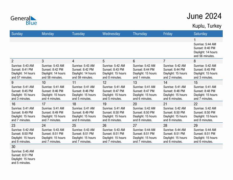 Kuplu June 2024 sunrise and sunset calendar in PDF, Excel, and Word