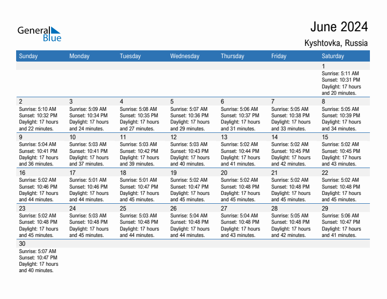 Kyshtovka June 2024 sunrise and sunset calendar in PDF, Excel, and Word