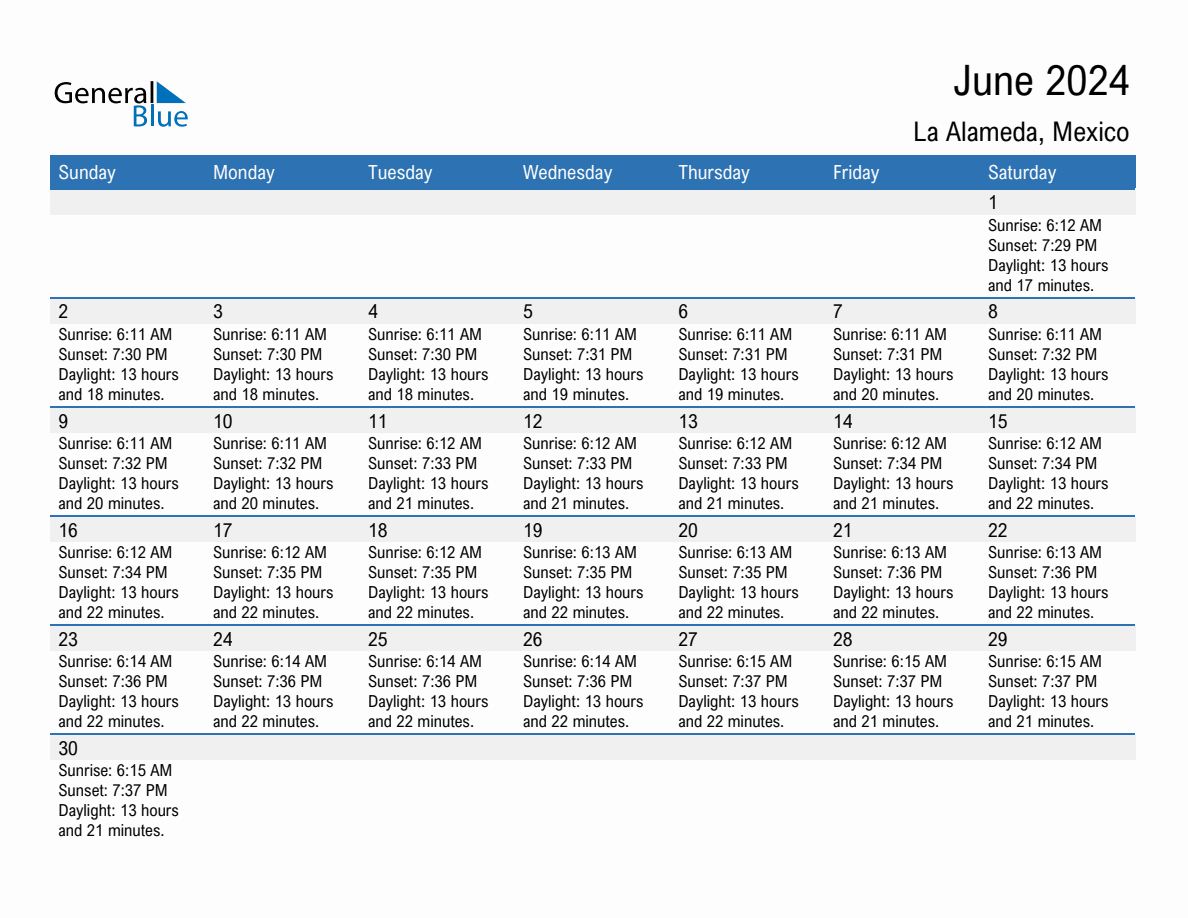 June 2024 Sunrise and Sunset Calendar for La Alameda (PDF, Excel, Word)