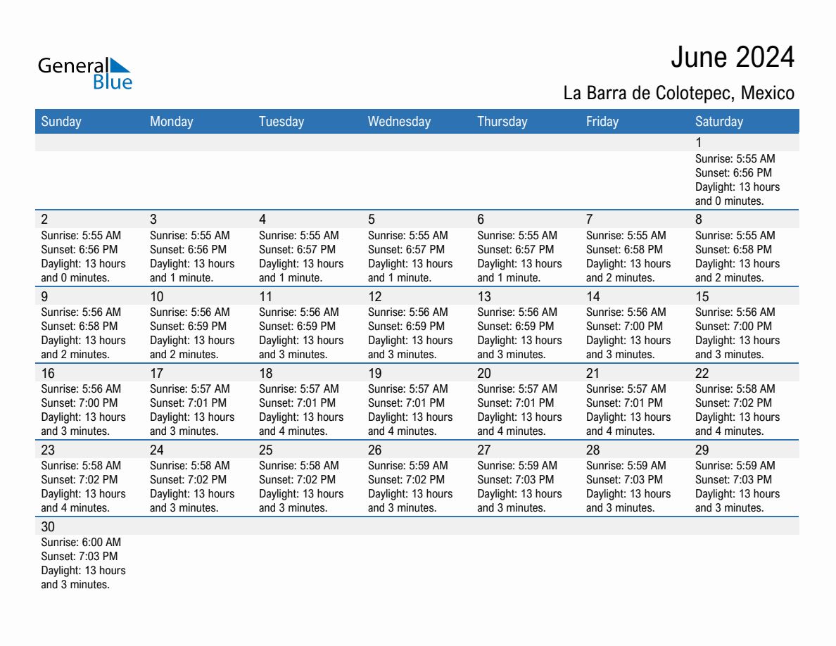 June 2024 Sunrise and Sunset Calendar for La Barra de Colotepec (PDF