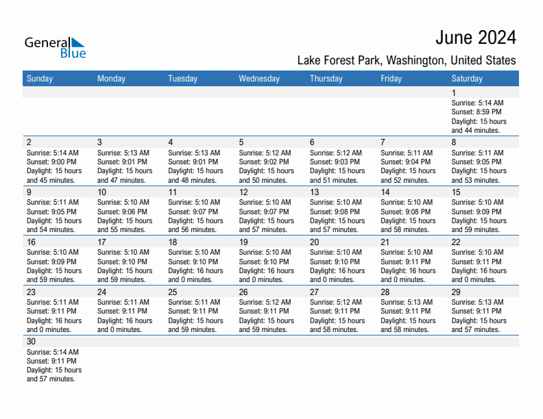 Lake Forest Park June 2024 sunrise and sunset calendar in PDF, Excel, and Word