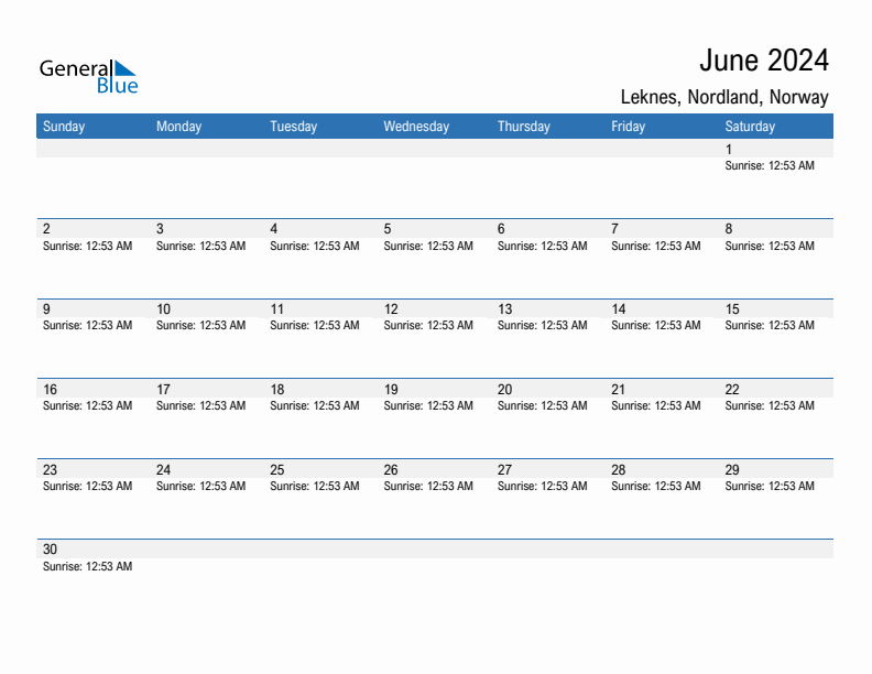 Leknes June 2024 sunrise and sunset calendar in PDF, Excel, and Word