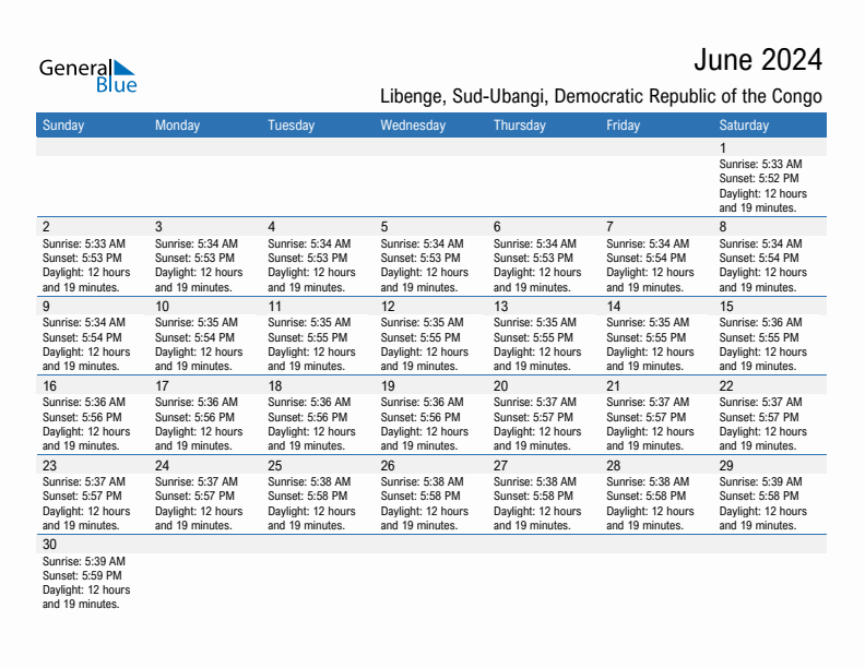 Libenge June 2024 sunrise and sunset calendar in PDF, Excel, and Word