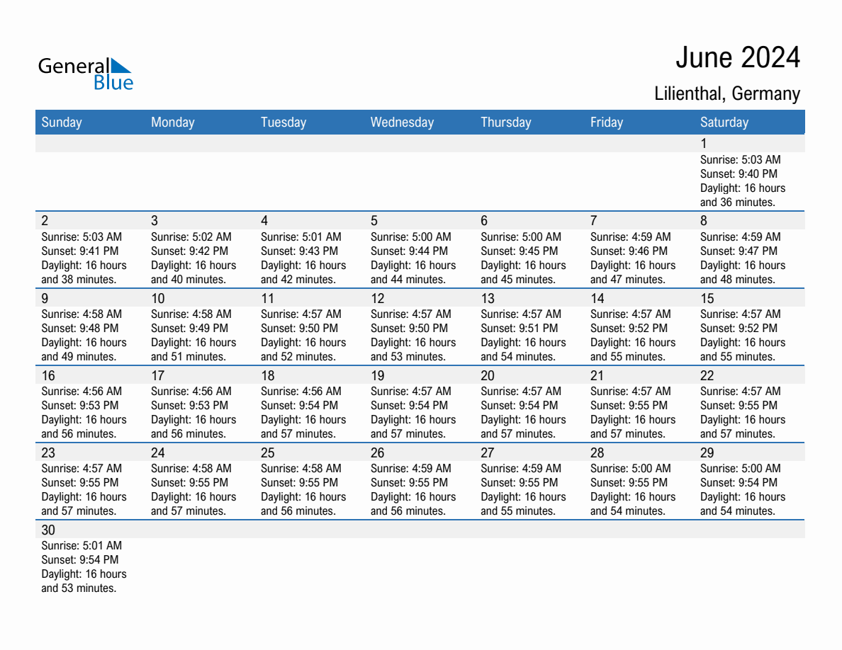 June 2024 sunrise and sunset calendar for Lilienthal