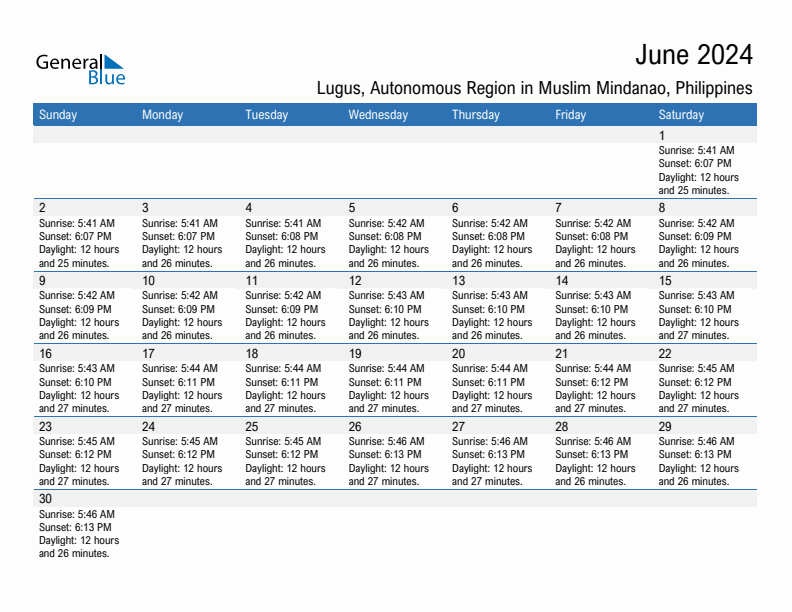 Lugus June 2024 sunrise and sunset calendar in PDF, Excel, and Word