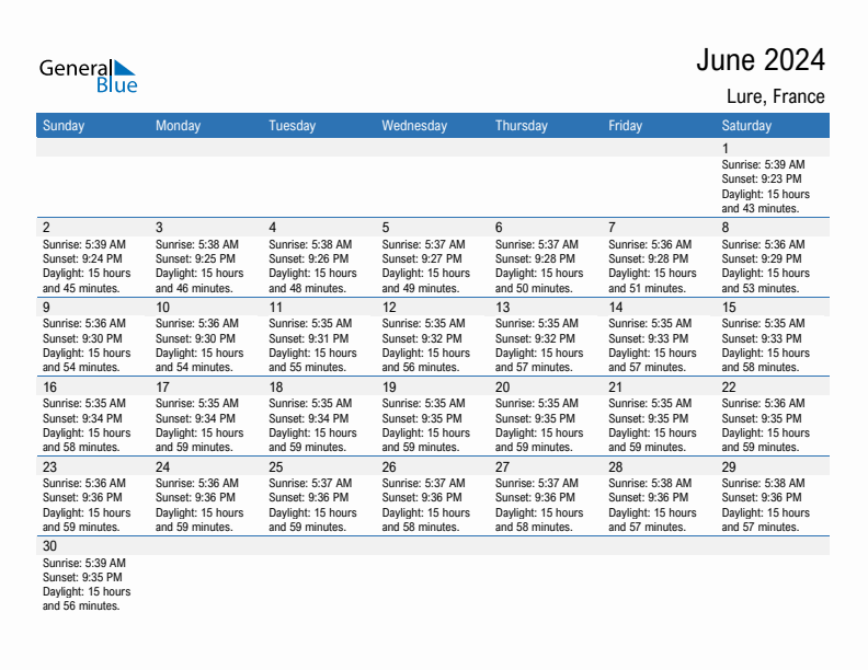 Lure June 2024 sunrise and sunset calendar in PDF, Excel, and Word