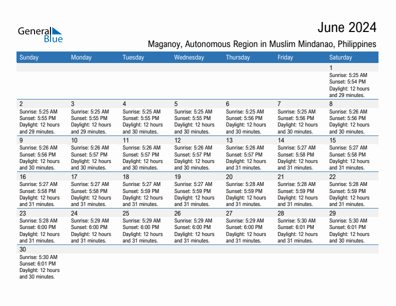 Maganoy June 2024 sunrise and sunset calendar in PDF, Excel, and Word