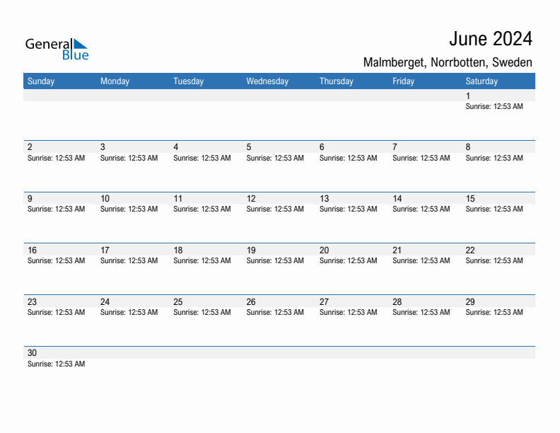 Malmberget June 2024 sunrise and sunset calendar in PDF, Excel, and Word