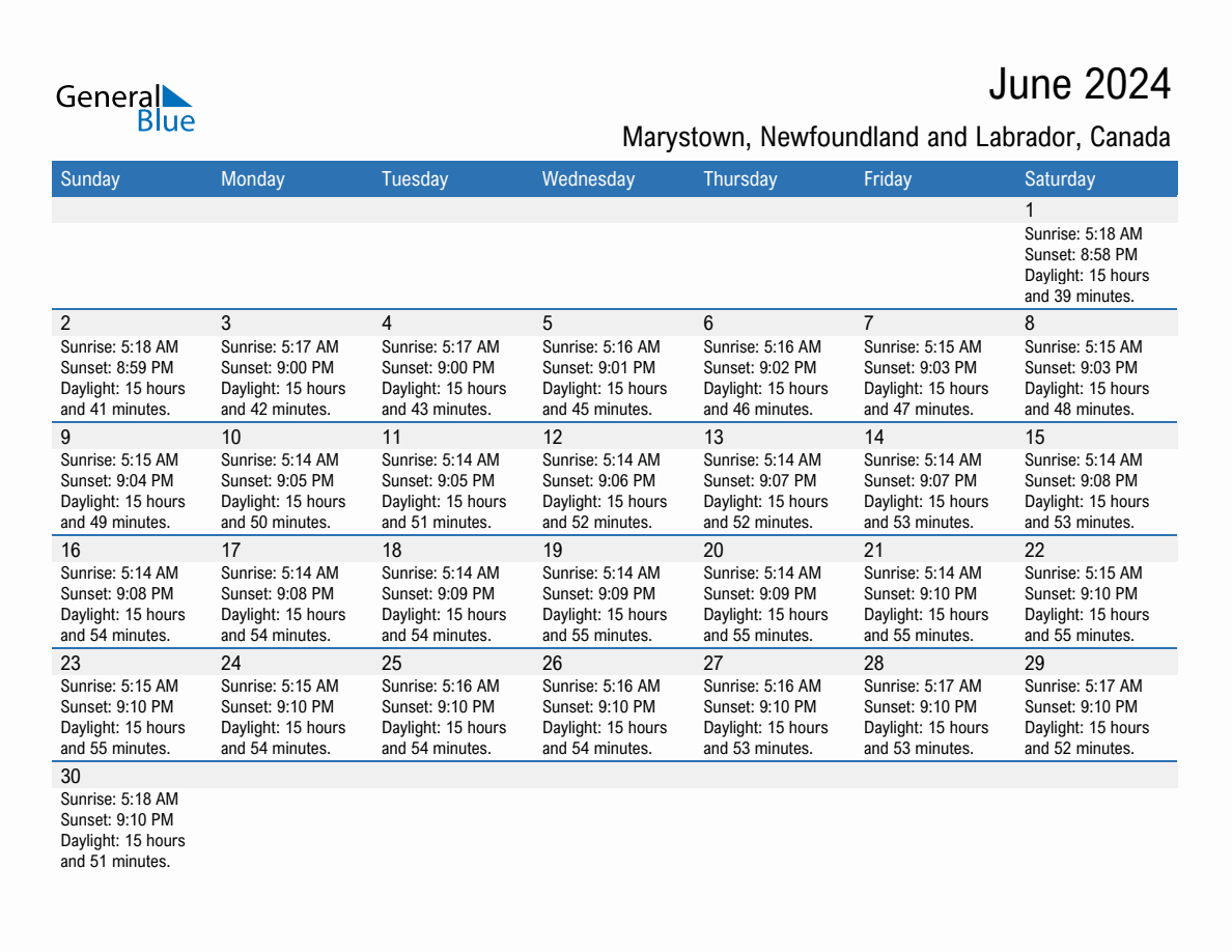 June 2024 sunrise and sunset calendar for Marystown