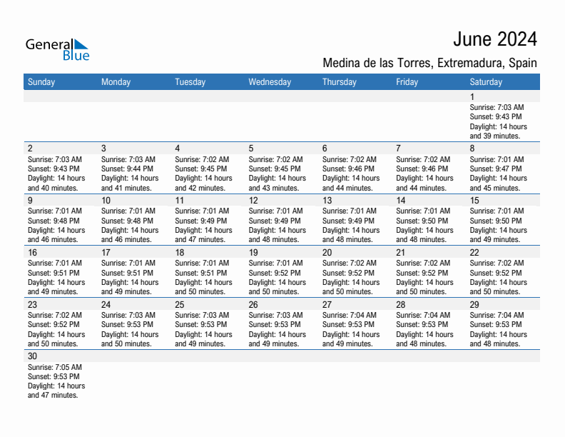 Medina de las Torres June 2024 sunrise and sunset calendar in PDF, Excel, and Word