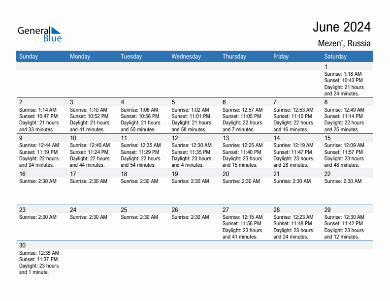 Mezen' June 2024 sunrise and sunset calendar in PDF, Excel, and Word