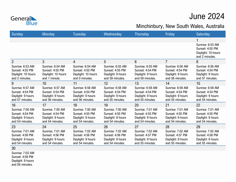 Minchinbury June 2024 sunrise and sunset calendar in PDF, Excel, and Word