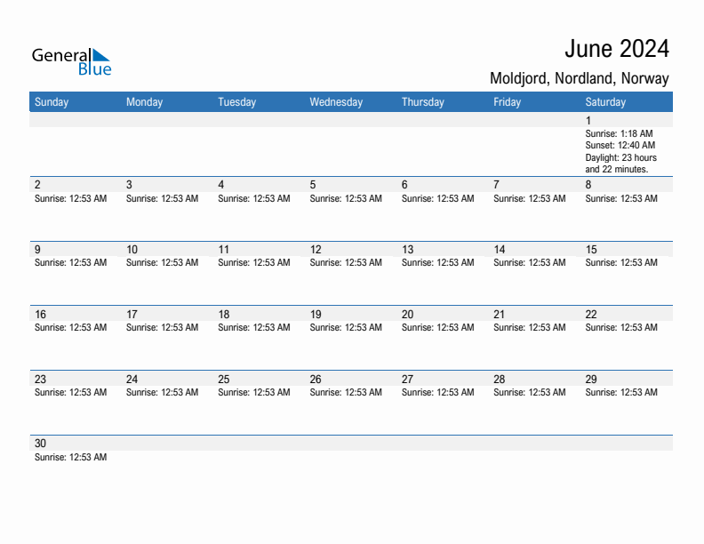 Moldjord June 2024 sunrise and sunset calendar in PDF, Excel, and Word