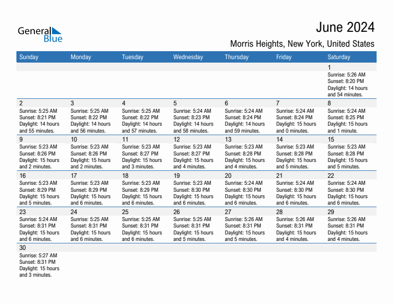 Morris Heights June 2024 sunrise and sunset calendar in PDF, Excel, and Word
