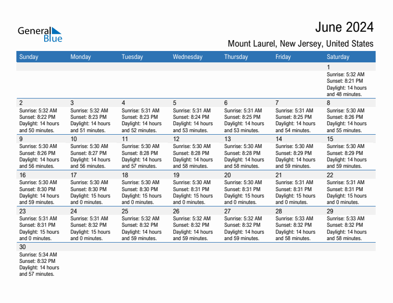 Mount Laurel June 2024 sunrise and sunset calendar in PDF, Excel, and Word