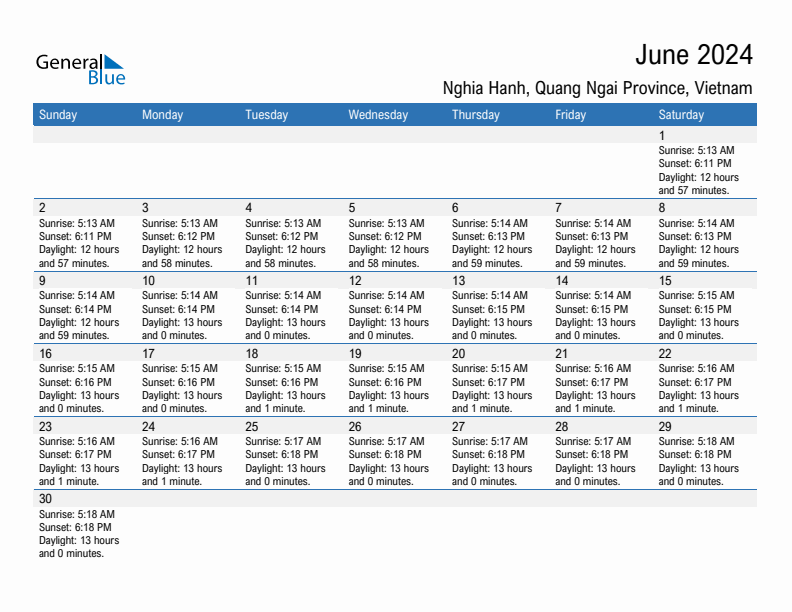 Nghia Hanh June 2024 sunrise and sunset calendar in PDF, Excel, and Word