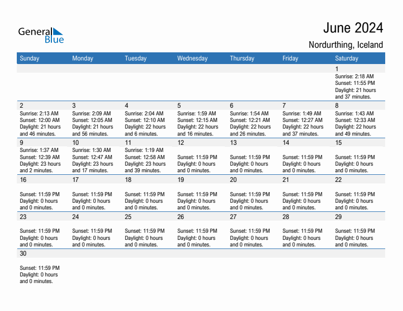 Nordurthing June 2024 sunrise and sunset calendar in PDF, Excel, and Word