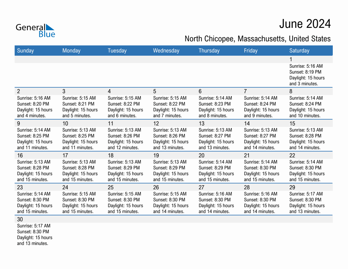 June 2024 sunrise and sunset calendar for North Chicopee