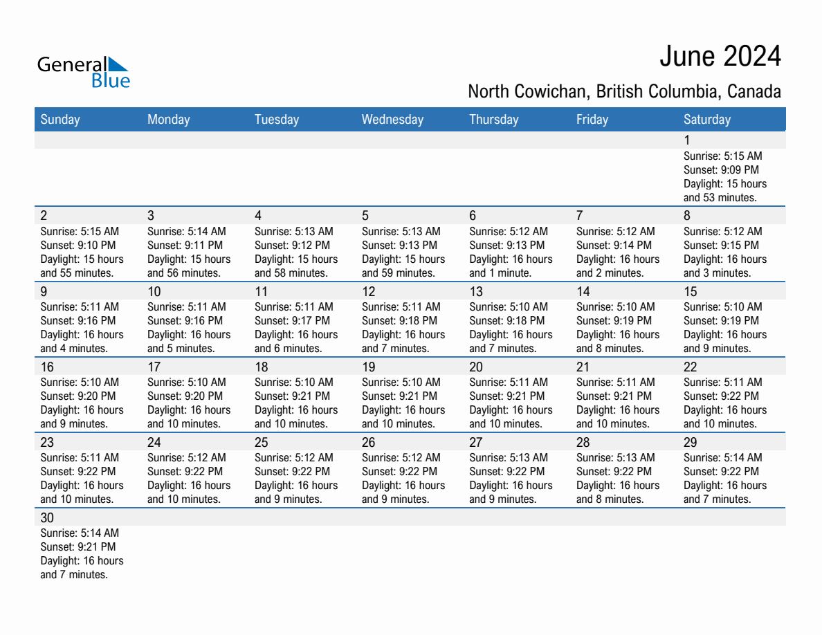 June 2024 sunrise and sunset calendar for North Cowichan