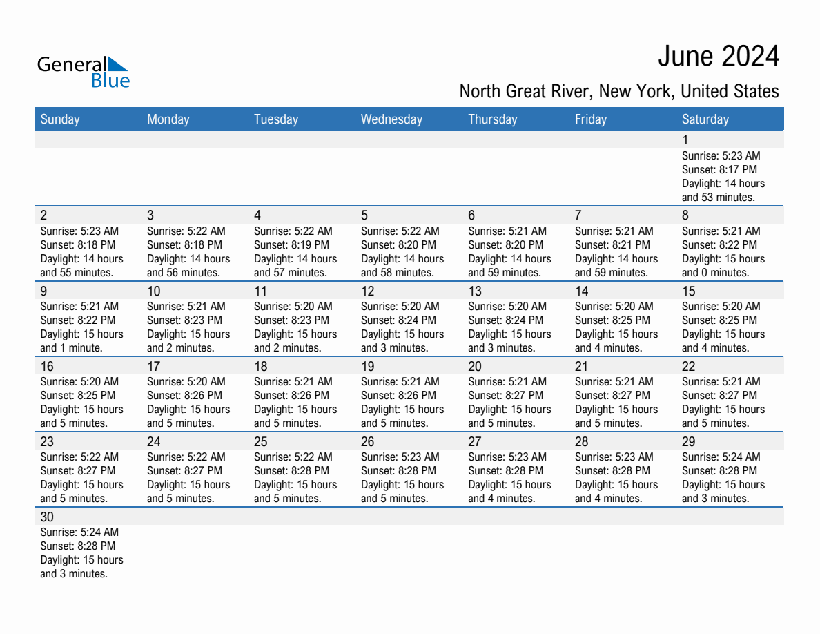June 2024 sunrise and sunset calendar for North Great River