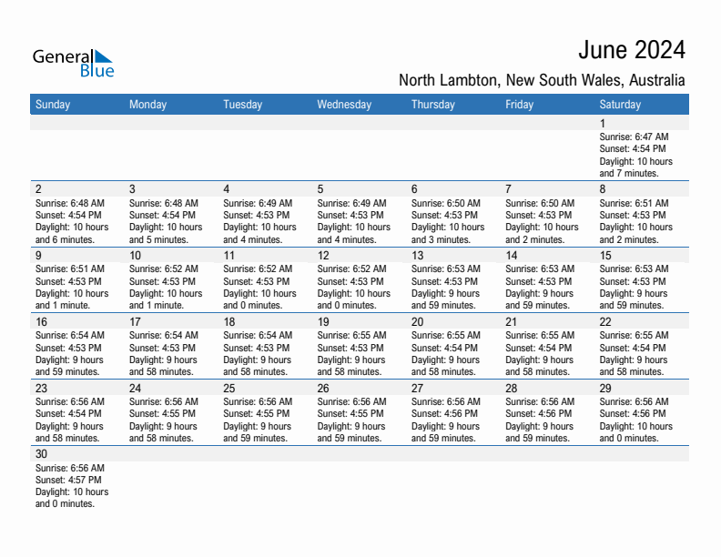 North Lambton June 2024 sunrise and sunset calendar in PDF, Excel, and Word
